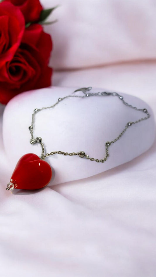 Collana in Acciaio con Pendente Cuore in Vetro di Murano Soffiato a Mano - MantoanMurano